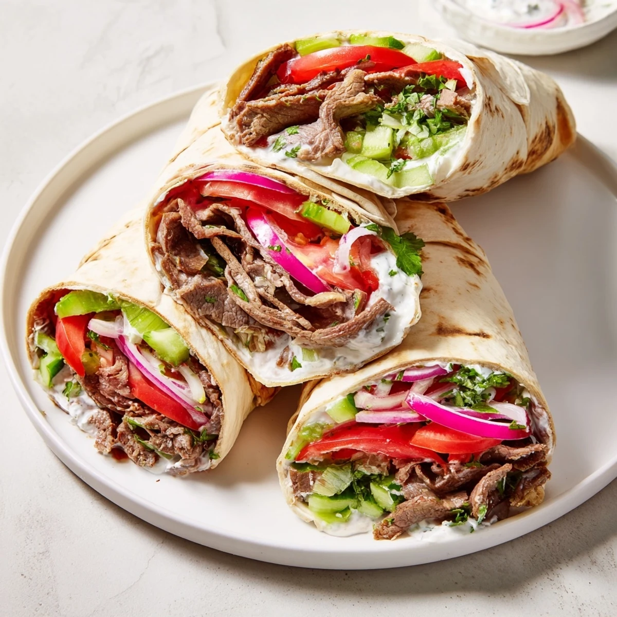 Golden-brown beef shawarma wraps, tightly rolled and filled, ready for a delicious lunch.