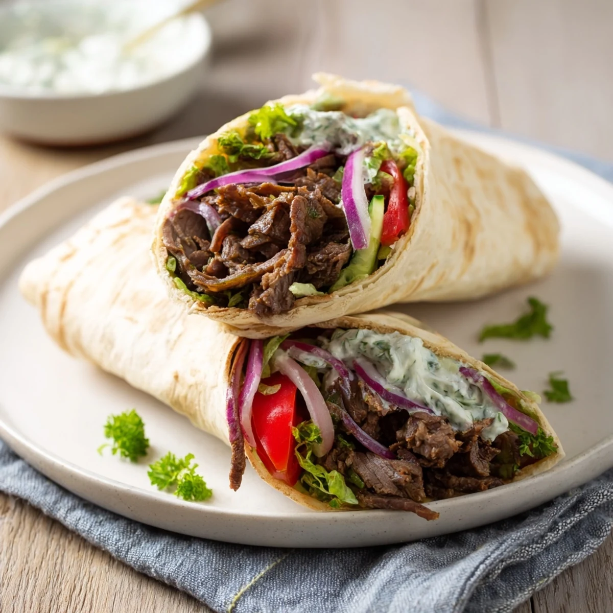 Savory beef shawarma wraps with a drizzle of tangy yogurt sauce and fresh chopped vegetables.