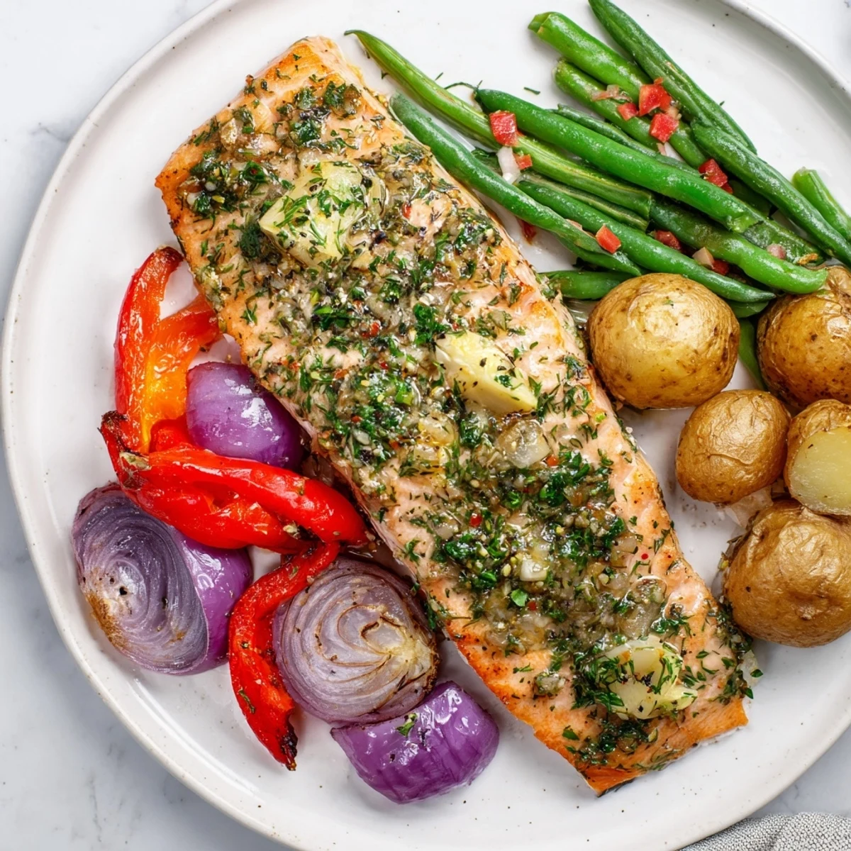 Golden baked Lemon Herb Salmon & Potato Sheet Pan with crispy potatoes and flaky salmon, ready to serve.