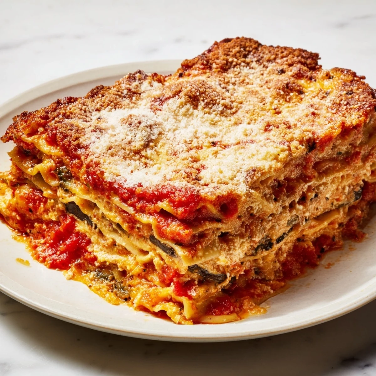 A hearty, freshly baked baking dish of Italian-American Eggplant Parmesan Lasagna, perfect for a cozy dinner.