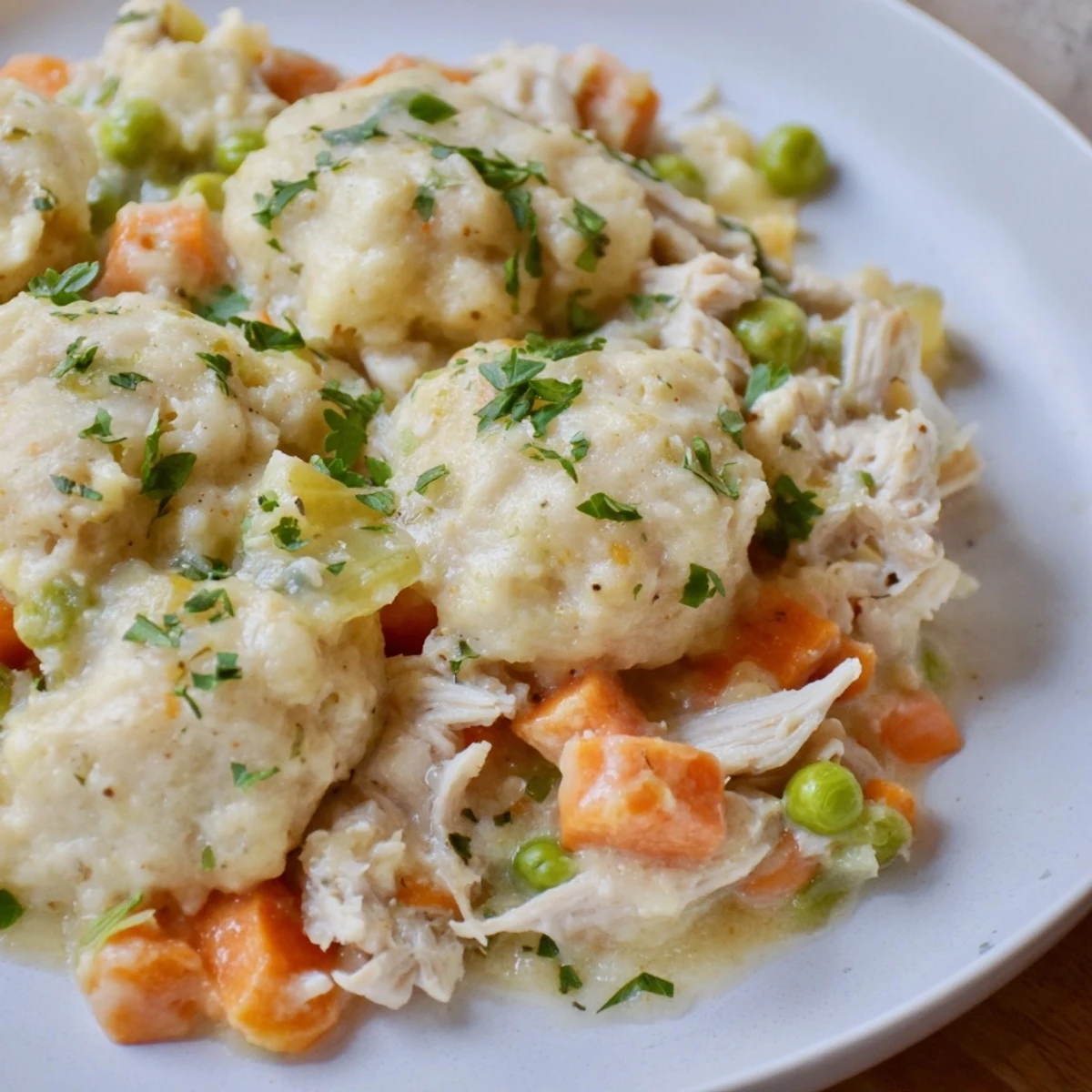 Golden, bubbly Chicken and Dumplings Casserole, with fluffy dumplings topping a savory, creamy filling.