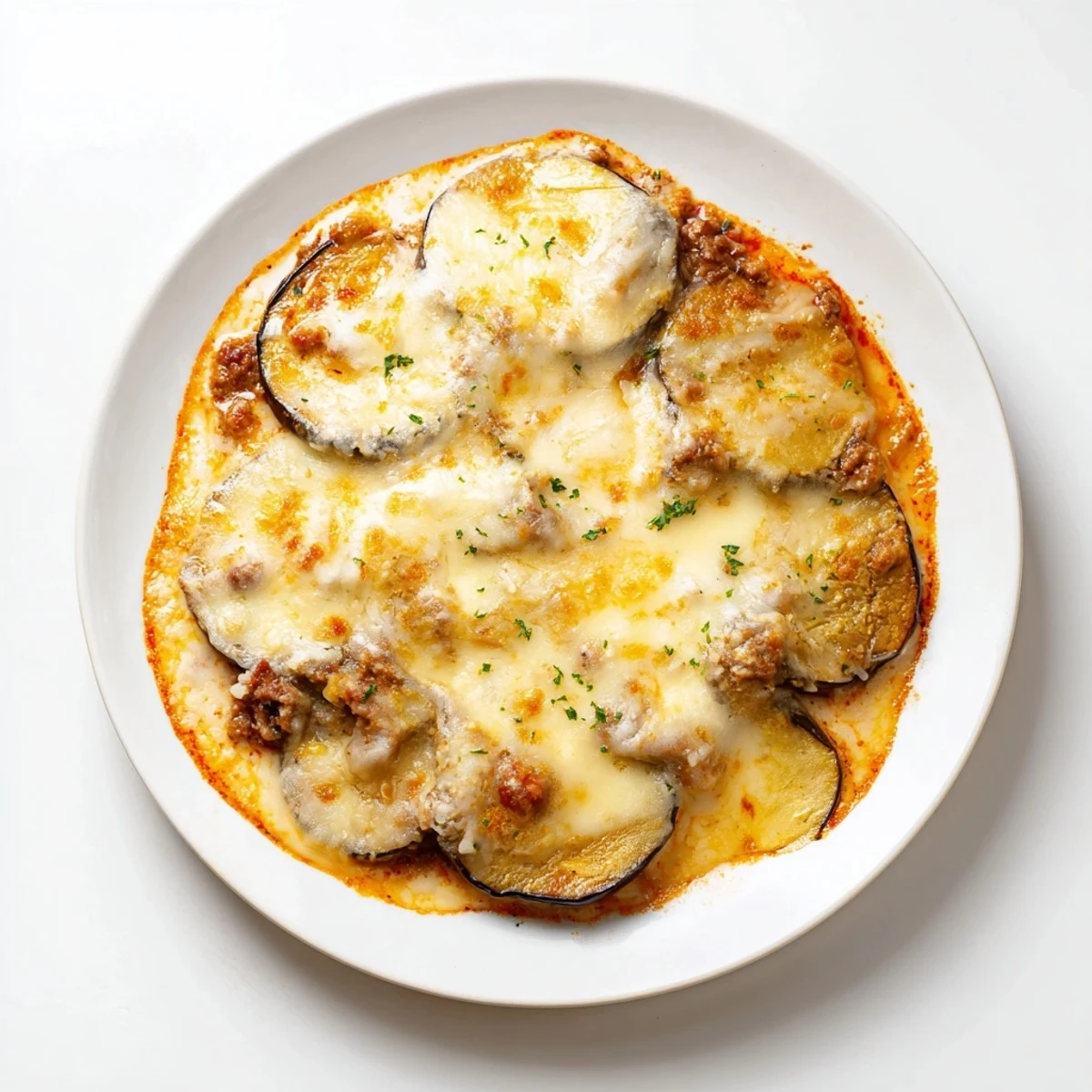 Golden, bubbly moussaka, showcasing tender eggplant layers under a creamy, rich béchamel topping.