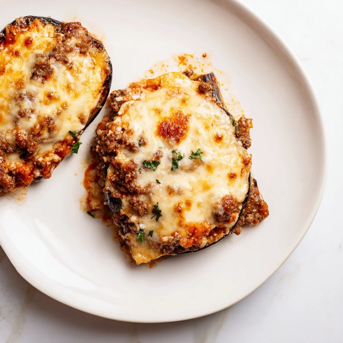 A close-up of savory moussaka, revealing spiced beef, perfect for a comforting Greek dinner.