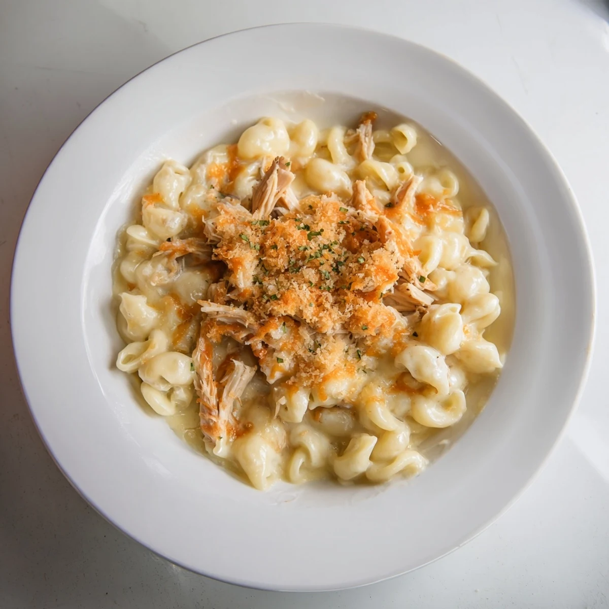 Classic Mac & Cheese with BBQ Chicken: A bubbling casserole topped with golden breadcrumbs and juicy chicken.