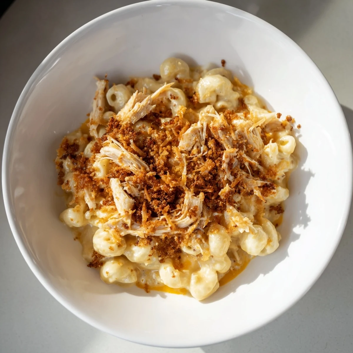 Warm baked Classic Mac & Cheese with BBQ Chicken, a family favorite with cheese and tender shredded chicken.