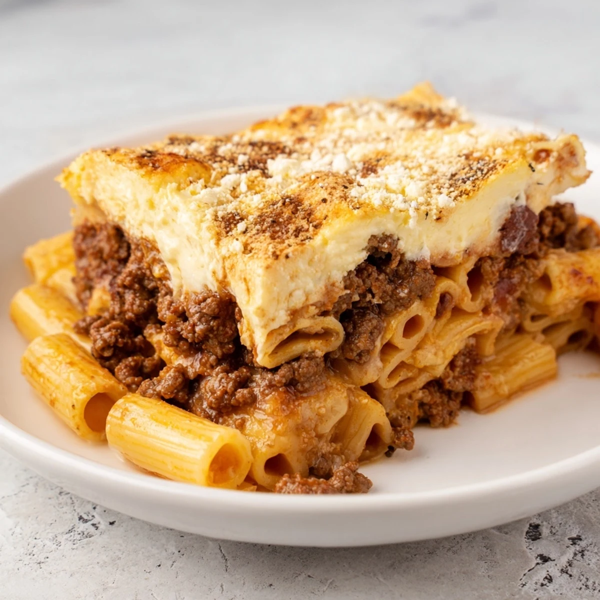Golden brown, bubbly Greek Pastitsio, a comforting baked pasta dish with a creamy topping.
