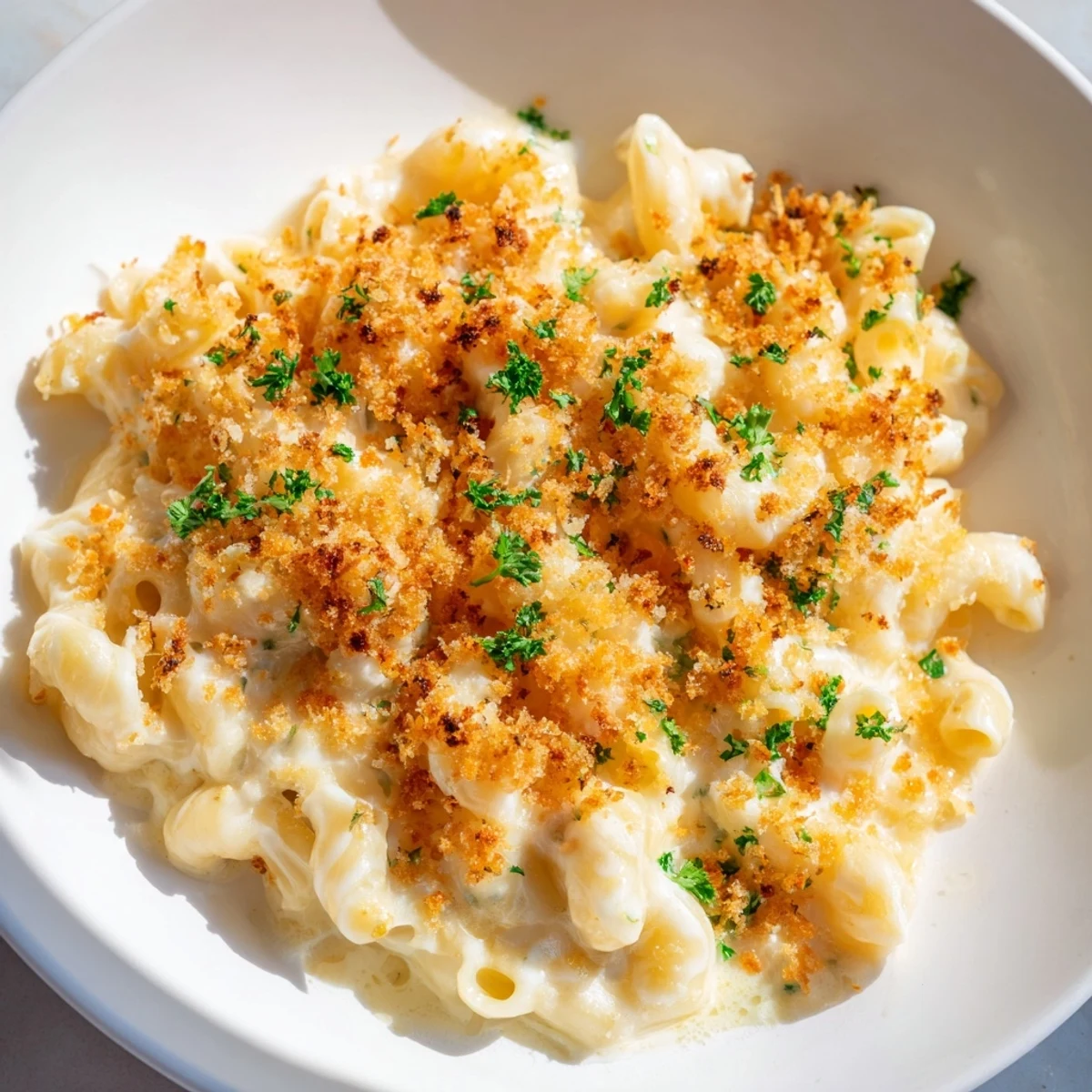 Golden, bubbly Truffle Macaroni & Cheese topped with crispy breadcrumbs, ready to serve and enjoy.