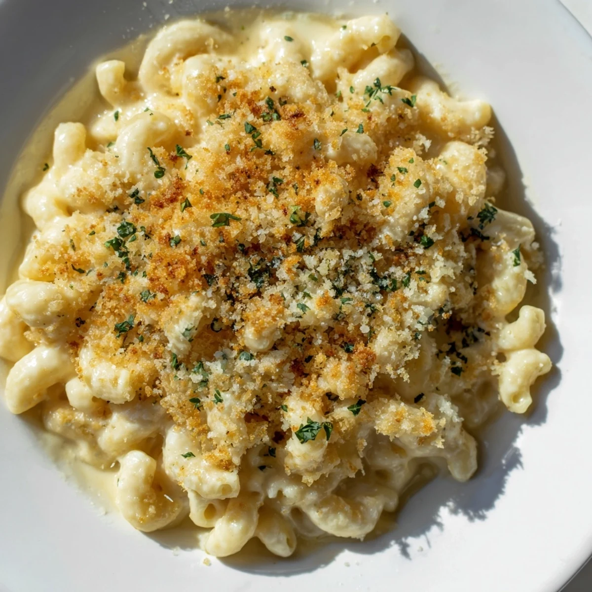A close-up of creamy, rich Truffle Macaroni & Cheese, a vegetarian delight, ready for a comforting meal.