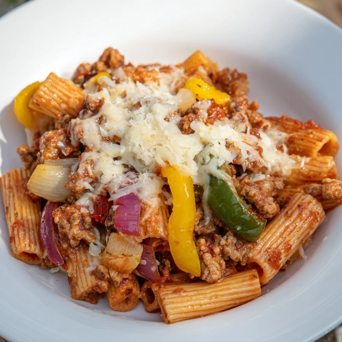 Steaming Baked Rigatoni with Sausage & Peppers, bubbling with melted mozzarella and Parmesan cheese for dinner.
