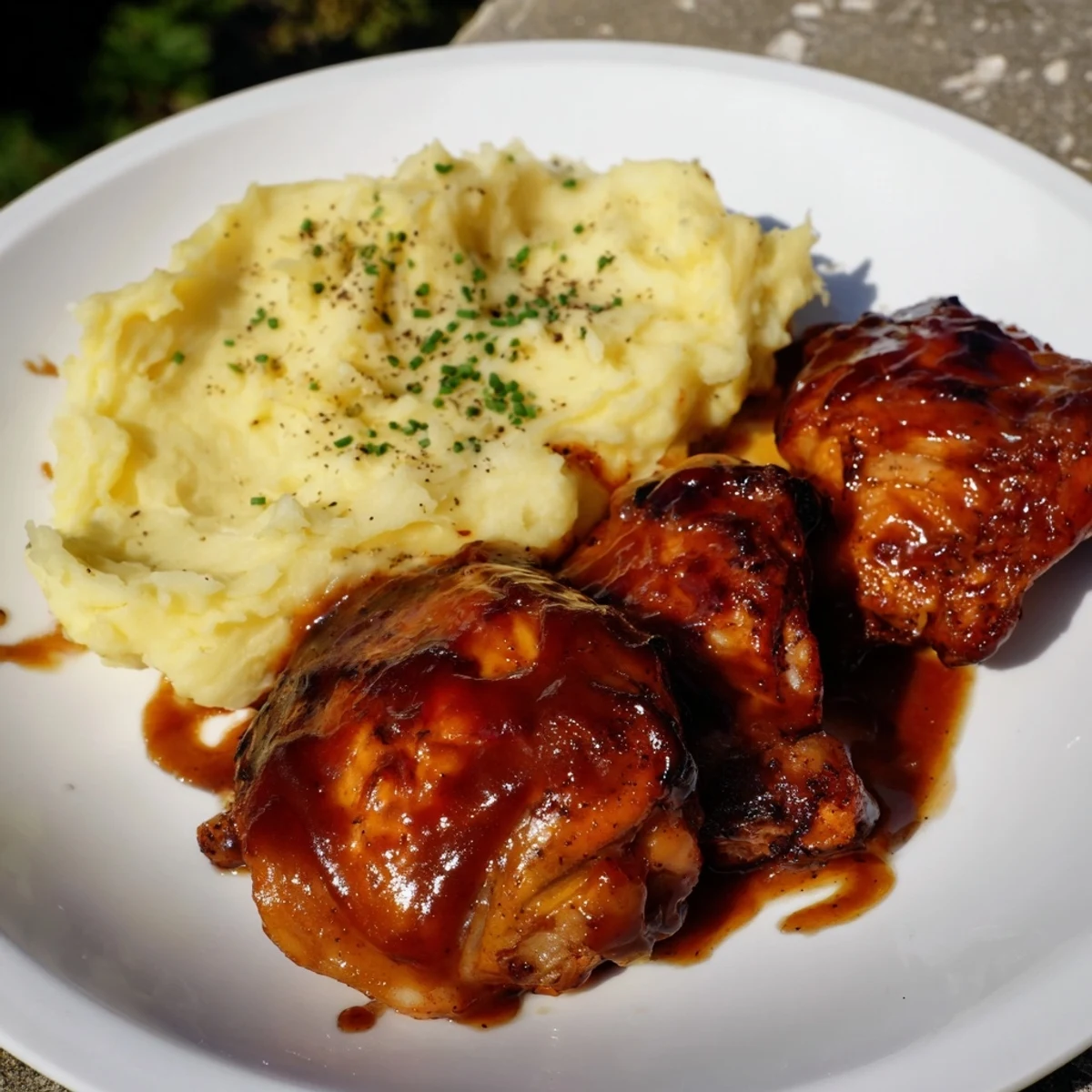 Golden-brown honey BBQ chicken thighs, with glistening sauce, next to fluffy garlic mashed potatoes.