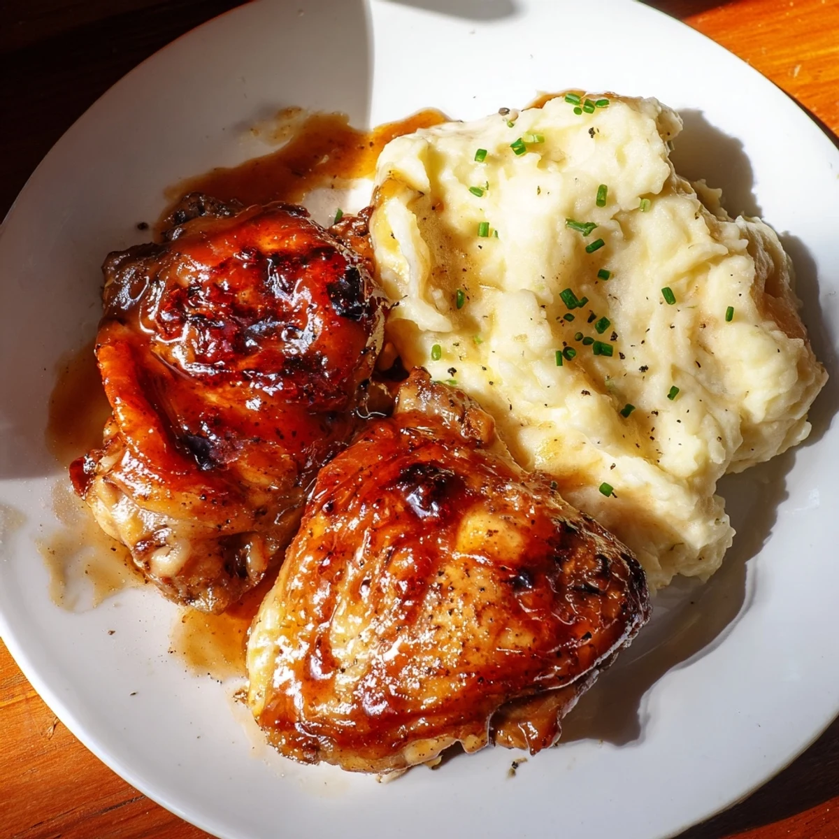 Tender honey BBQ chicken thighs, dripping with sweet sauce, and a scoop of creamy garlic mashed potatoes.