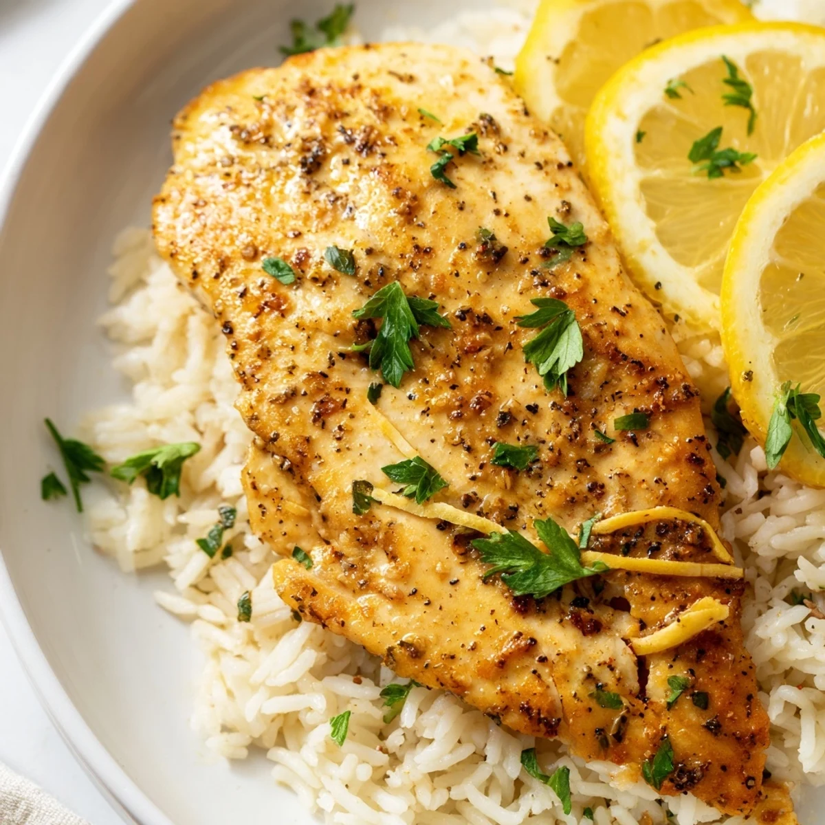 Golden-brown Lemon Pepper Chicken rests atop fluffy white rice, ready for a flavorful bite.