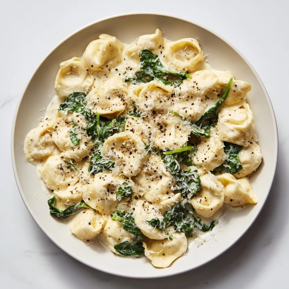 This creamy spinach Alfredo tortellini features tender pasta in a velvety sauce, garnished with Parmesan.