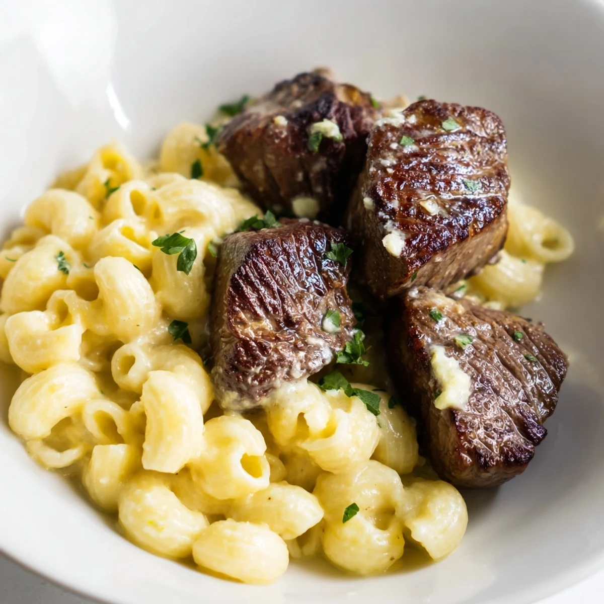 Garlic butter steak bites glistening from the skillet, served atop creamy, cheesy pasta shells.
