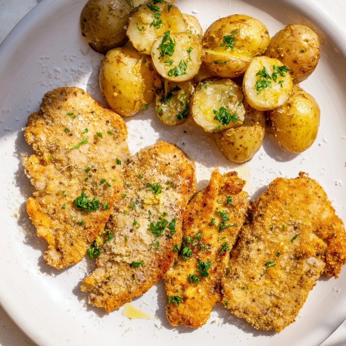 Golden-brown, crispy Parmesan crusted chicken & potatoes, a comforting American dinner with herbs.
