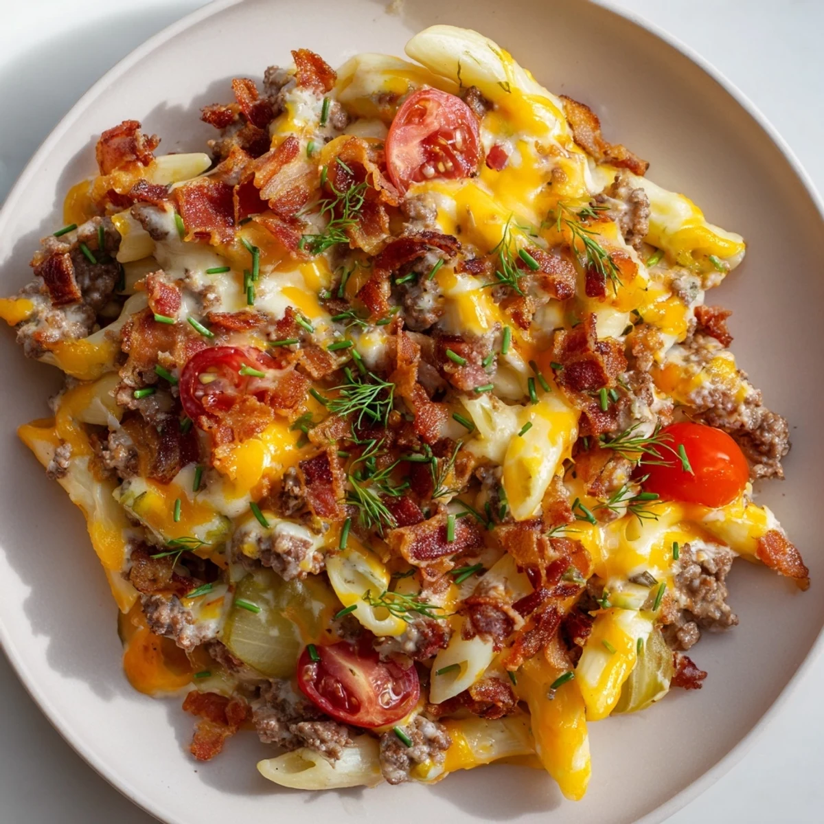 Creamy, cheesy Bacon Cheeseburger Pasta Bake with crispy bacon and melted cheddar cheese topping.