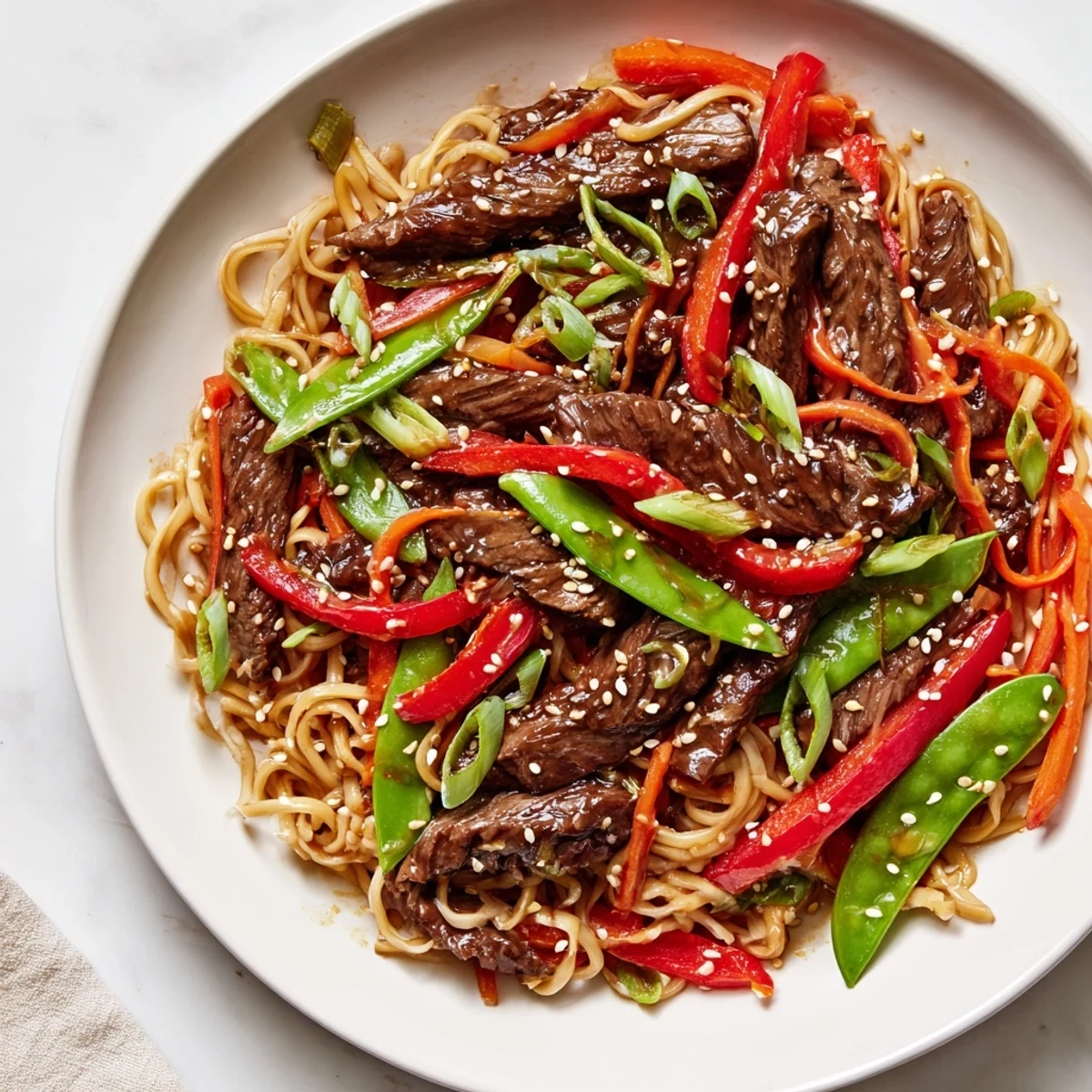 Steaming Teriyaki Beef & Noodle Bowl features glistening, tender beef and crisp vegetables over noodles, ready to eat.