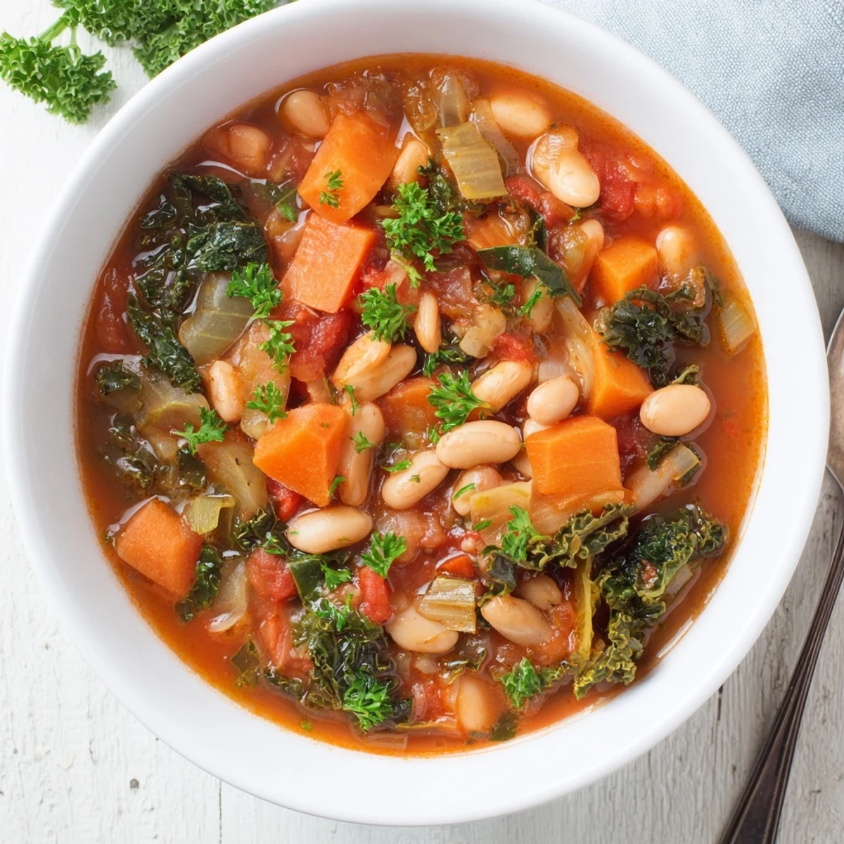 Steaming bowl of delicious Italian Bean & Kale Stew, seasoned and ready to enjoy with crusty bread.