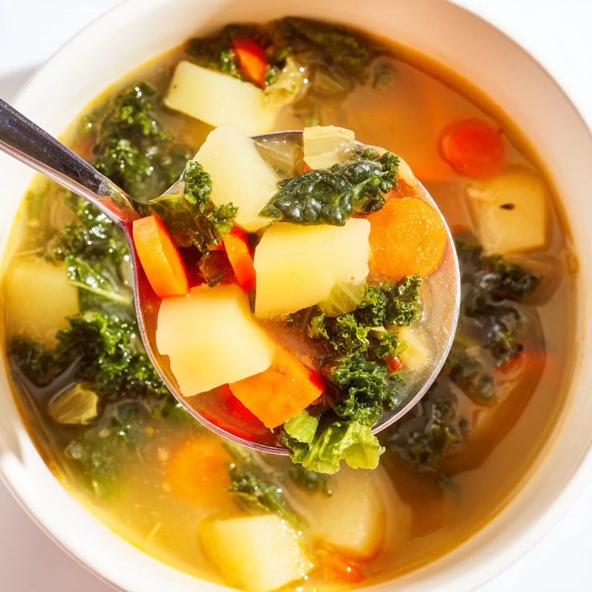 Hearty Vegetarian Potato-Kale Soup, a warming, flavorful soup perfect on a cold and breezy day.