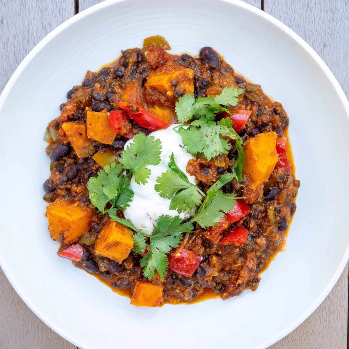 A colorful close-up of the flavorful Sweet Potato & Black Bean Chili, ready to be enjoyed.
