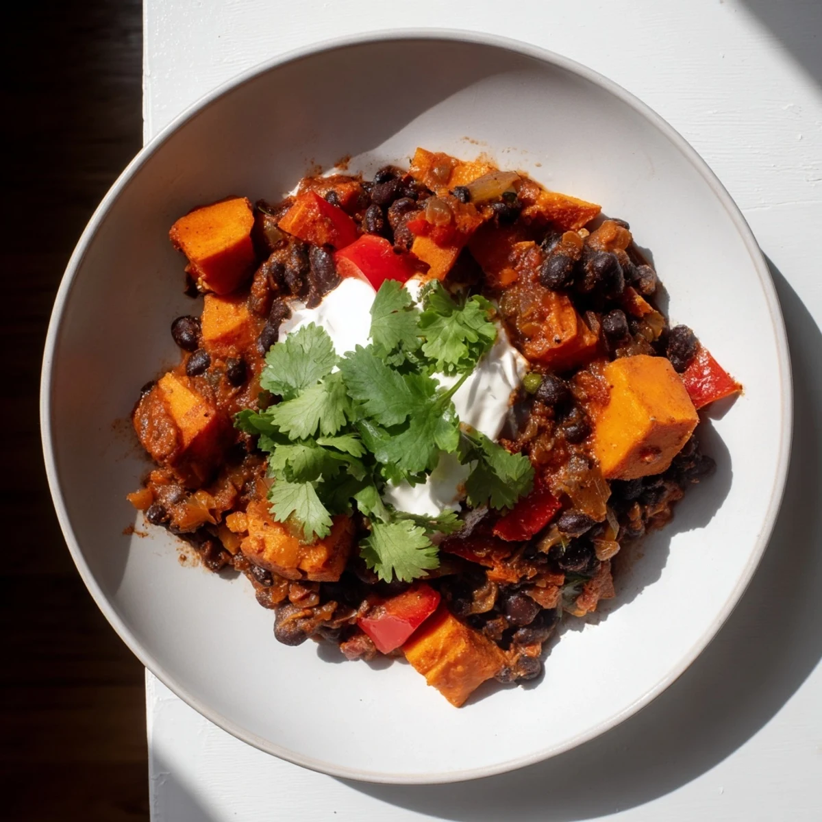 Steaming bowl of Sweet Potato & Black Bean Chili, garnished with fresh cilantro and a lime wedge.