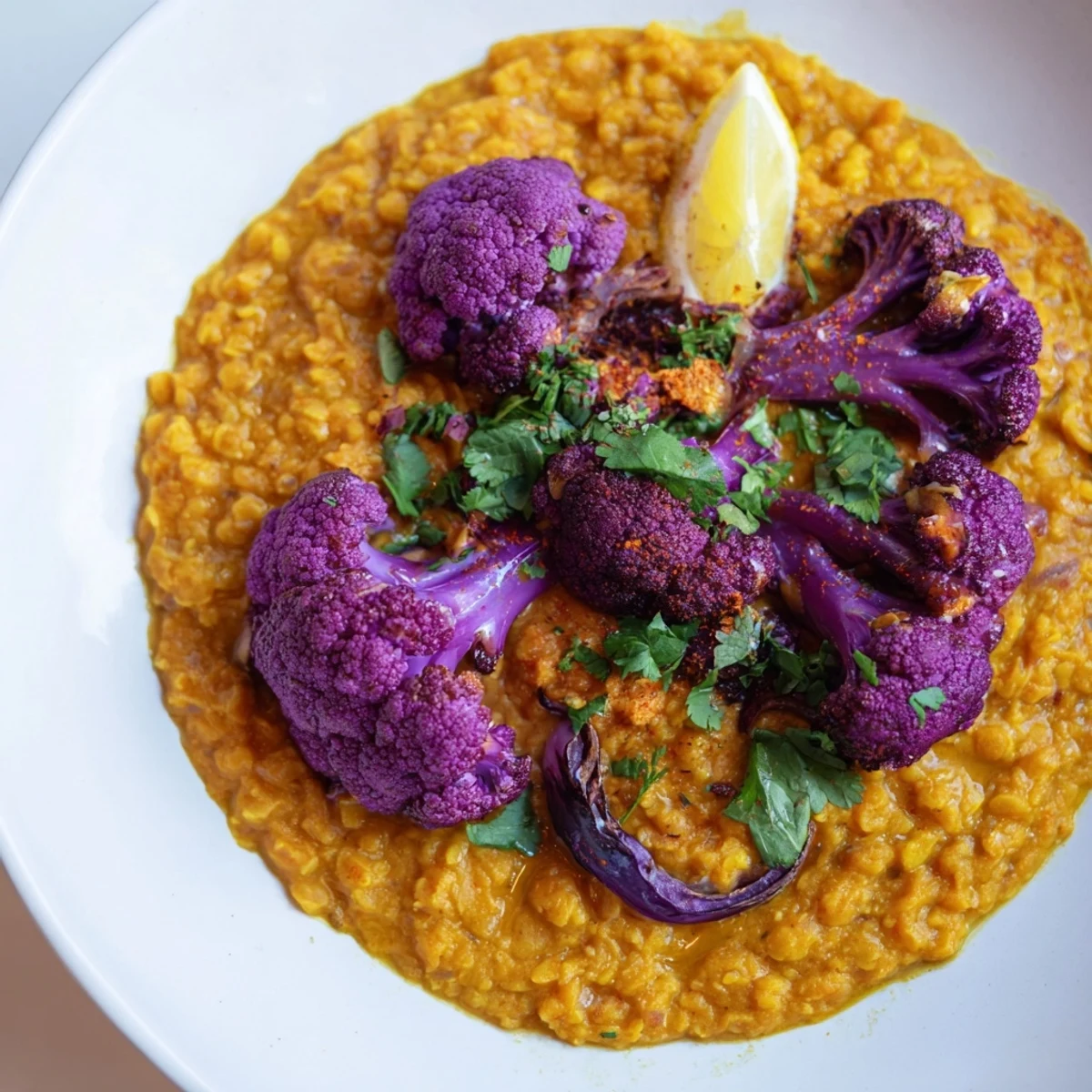 Enjoy a warm and aromatic bowl of Red Cabbage, Cauliflower & Coconut Dhal with fresh cilantro.