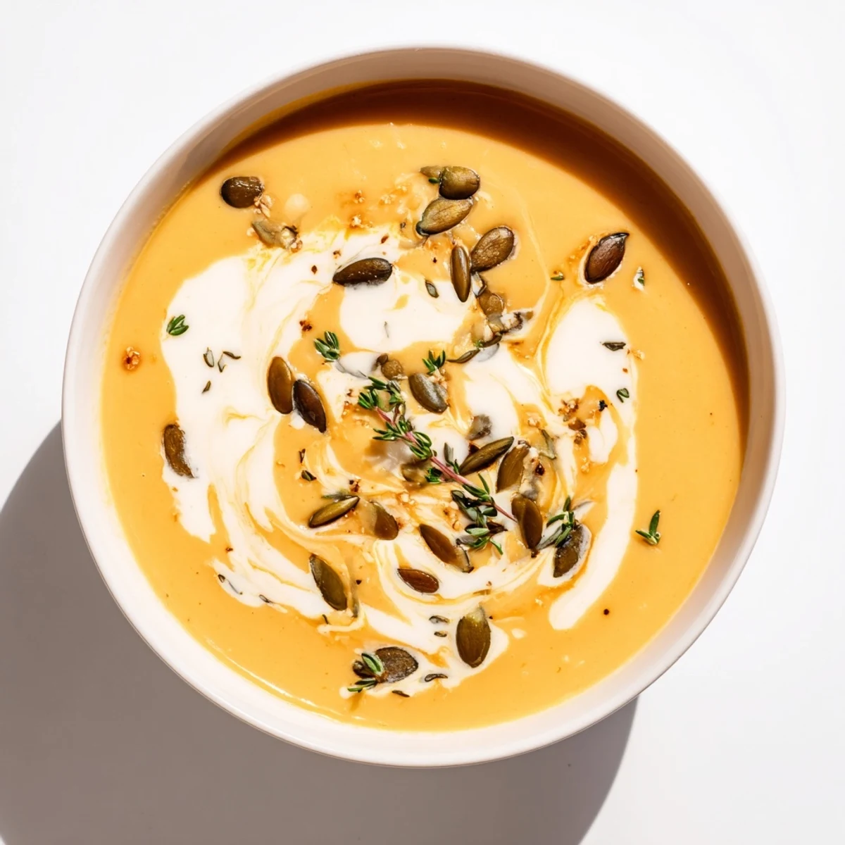 Creamy Roasted Acorn Squash Soup: a warm, vibrant orange bowl, garnished with pepitas and drizzles of cream.