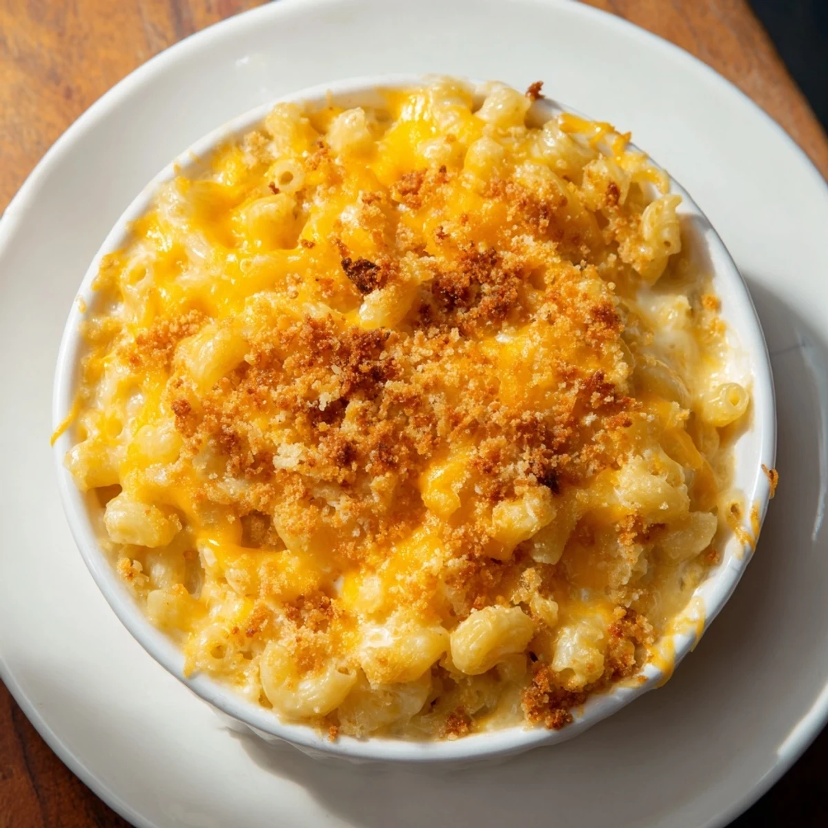 Golden, bubbling Mac & Cheese with Evaporated Milk, offering creamy textures and cheesy goodness in a baking dish.