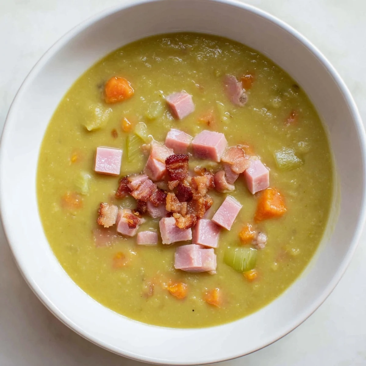 A comforting spoonful of thick Split Pea Soup, made with canned ham, ready to eat.