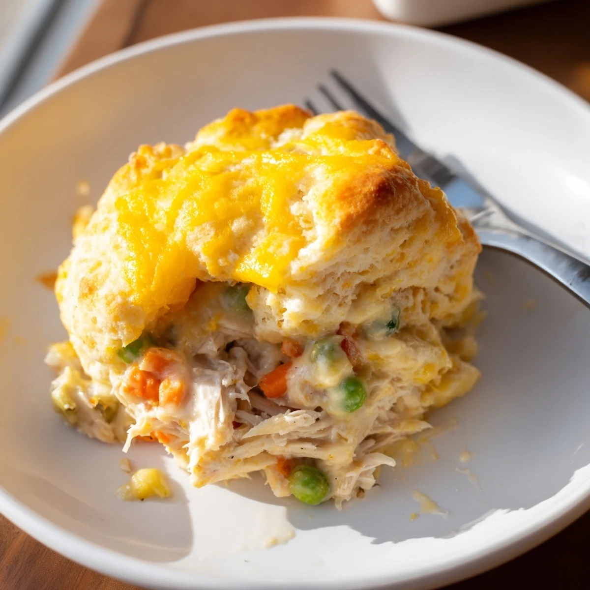 One-Pan Chicken Cobbler with browned cheddar biscuits next to a creamy chicken filling.