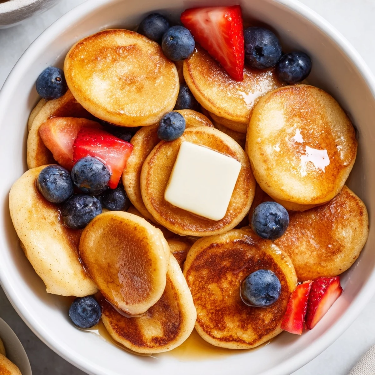 Golden, mini Pancake Cereal swimming in maple syrup and topped with fresh, juicy berries for a sweet breakfast.