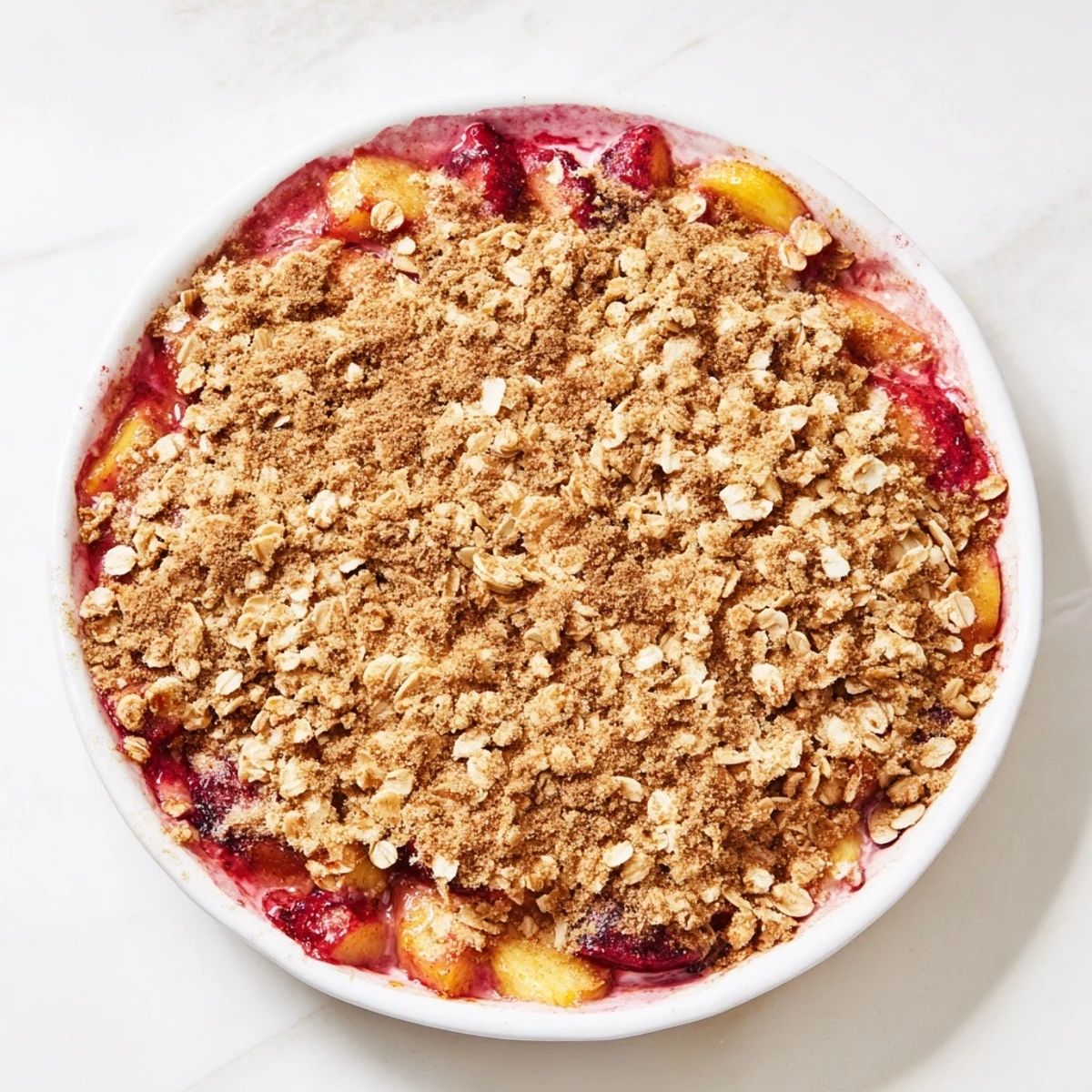 Sweet, bubbly Fruit Crisp, showcasing the vibrant colors of mixed frozen fruit and a crumbly oat topping.
