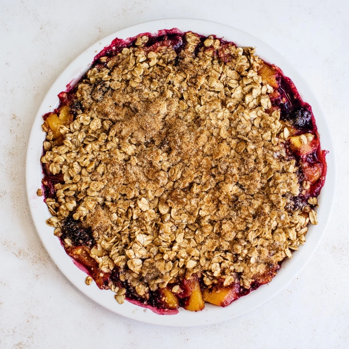 Golden-brown Fruit Crisp with frozen fruit, bubbling and fragrant, a perfect warm dessert.
