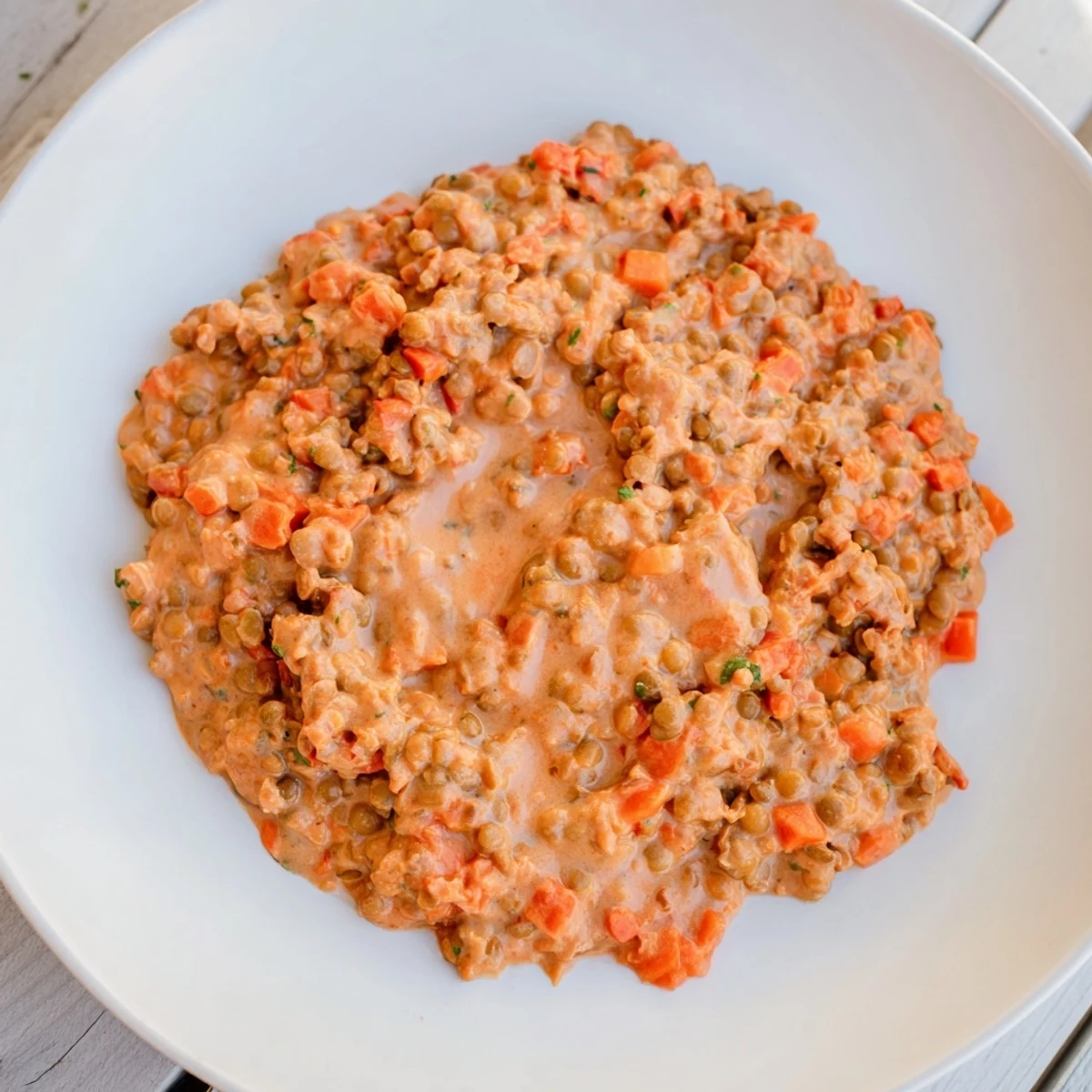 A close-up of steaming Creamy Tomato Basil Lentil Bolognese, ready to be enjoyed as a hearty meal.