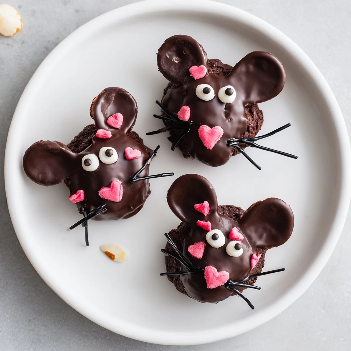 Fudgy Silly Rat Cake Brownie Bites, rich chocolate treats decorated as cute, playful rat faces.