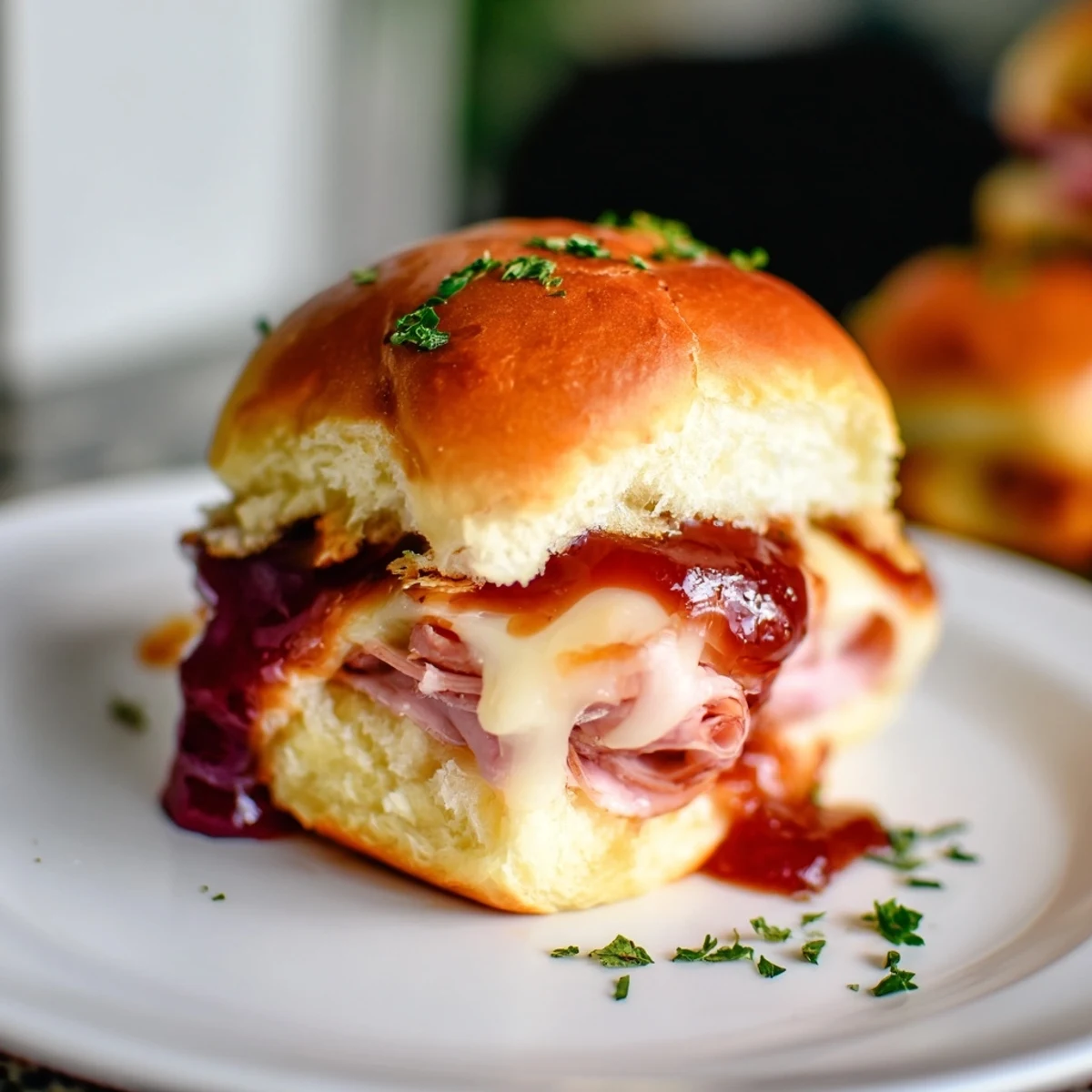 Warm Cherry-Glazed Ham and Cheese Slider Mashup, glistening with a savory-sweet glaze and melted cheese.