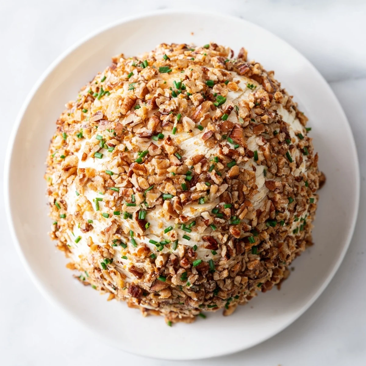 A festive Classic Cheese Ball with Ranch Seasoning, coated in crunchy pecans, ready to be served.