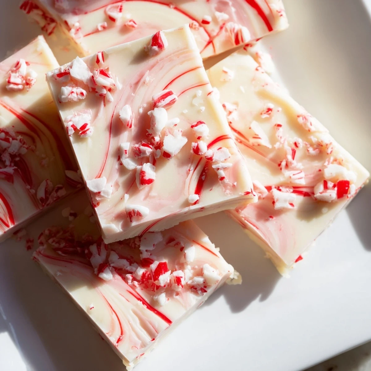 A close-up of creamy White Chocolate Peppermint Bark Fudge with vibrant crushed candy pieces.