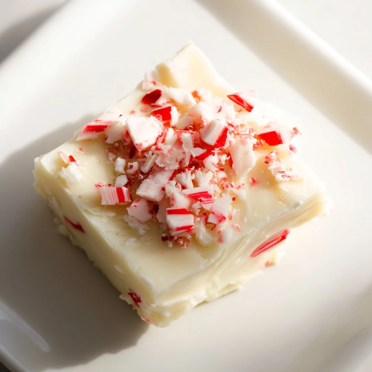Enjoy this easy dessert: squares of festive White Chocolate Peppermint Bark Fudge ready for serving.