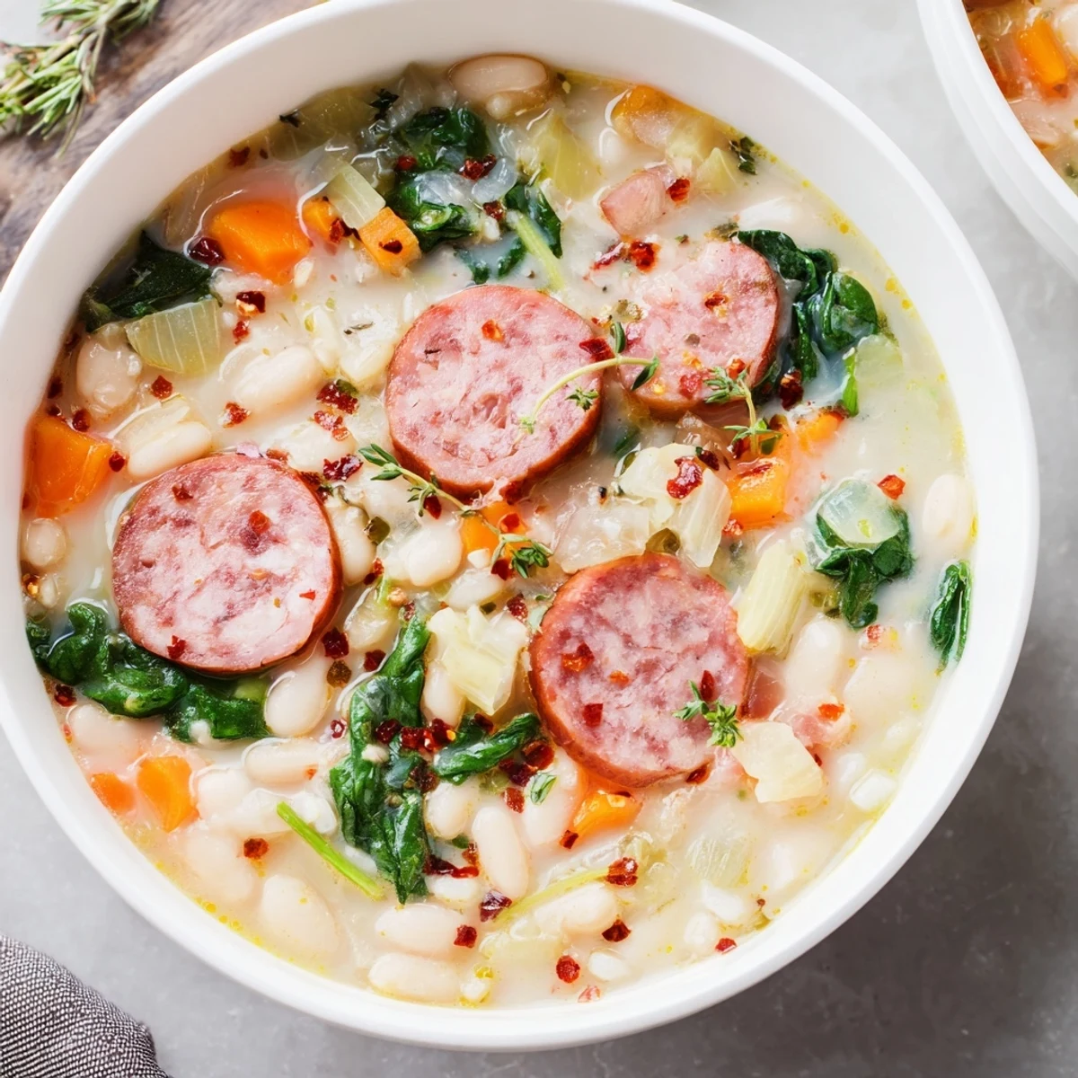 Steaming bowl of Simple Sausage and White Bean Soup, filled with sausage, beans, and vegetables.