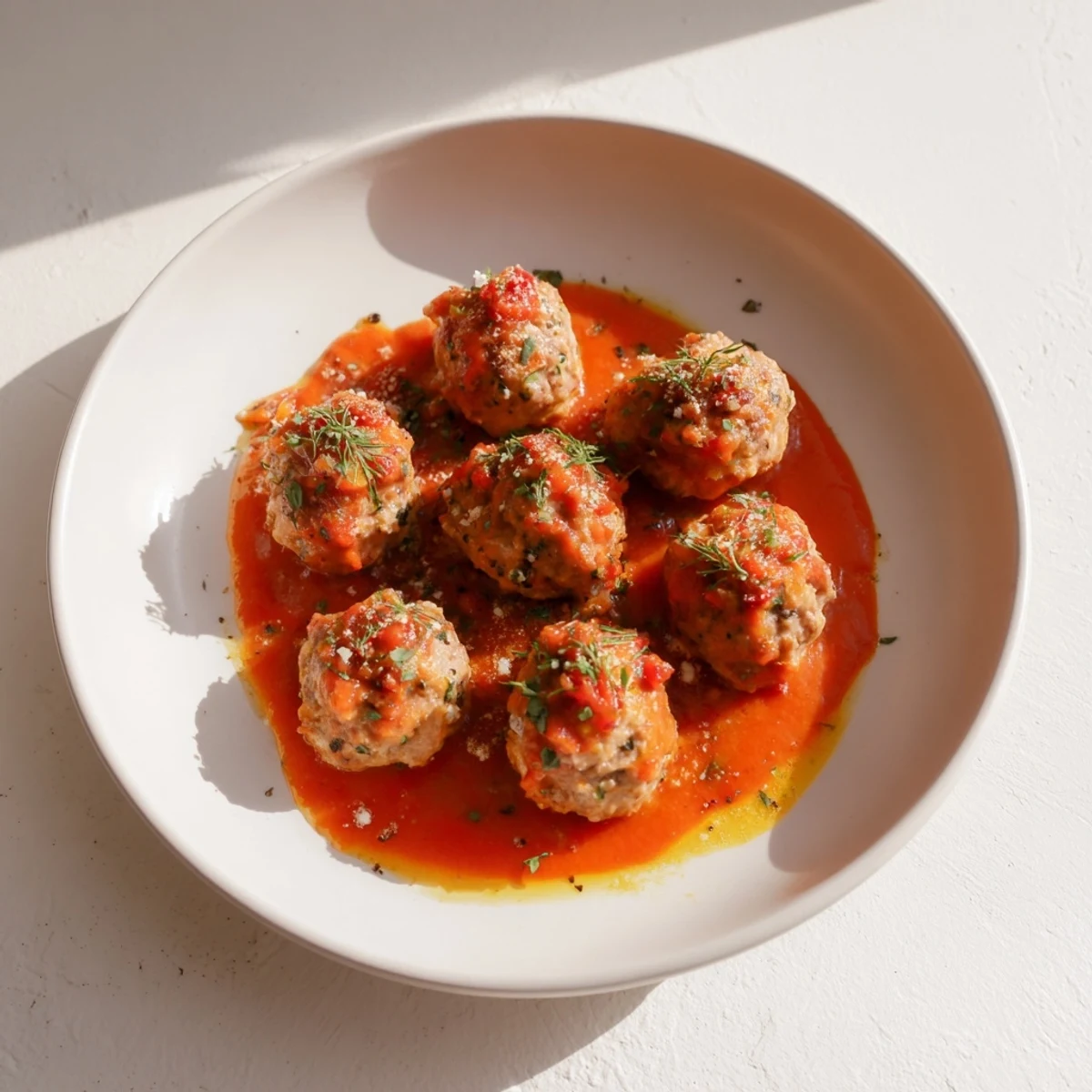 A close-up of tender Instant Pot Greek meatballs, topped with a creamy lemon-feta sauce, ready to serve.