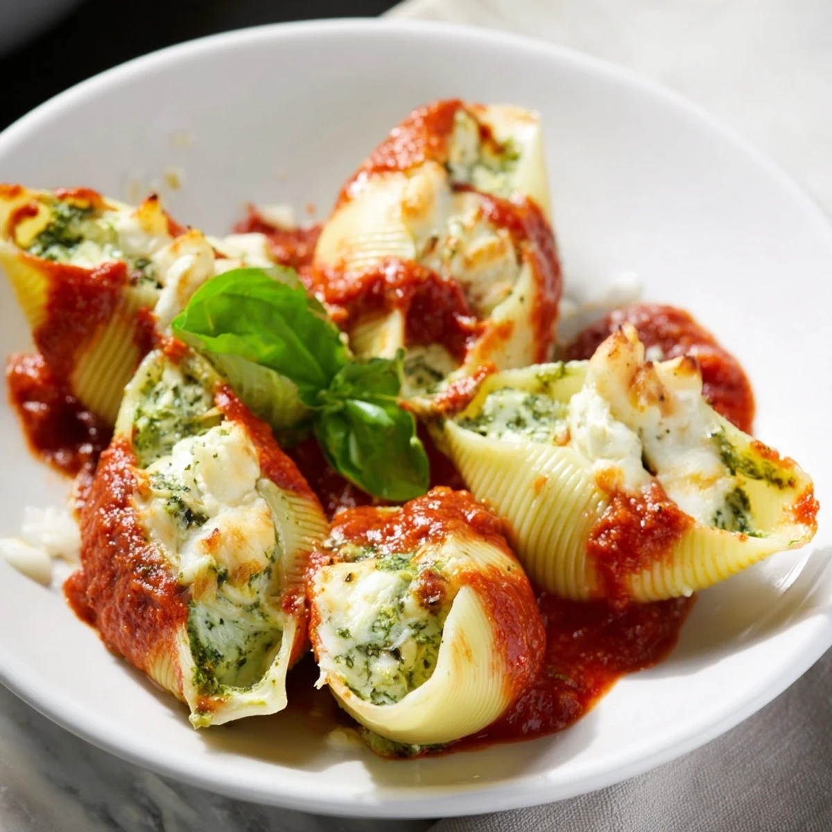Creamy ricotta and pesto filling enrobed in tender pasta shells, baked to bubbly perfection, a delicious Pesto & Ricotta Stuffed Shells.