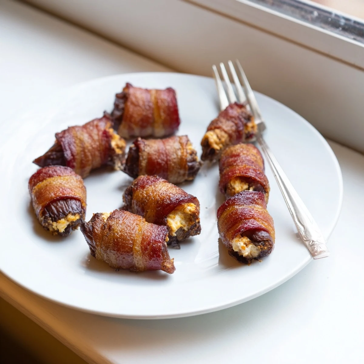 Crispy bacon-wrapped dates stuffed with creamy goat cheese, ready for serving as an appetizer.
