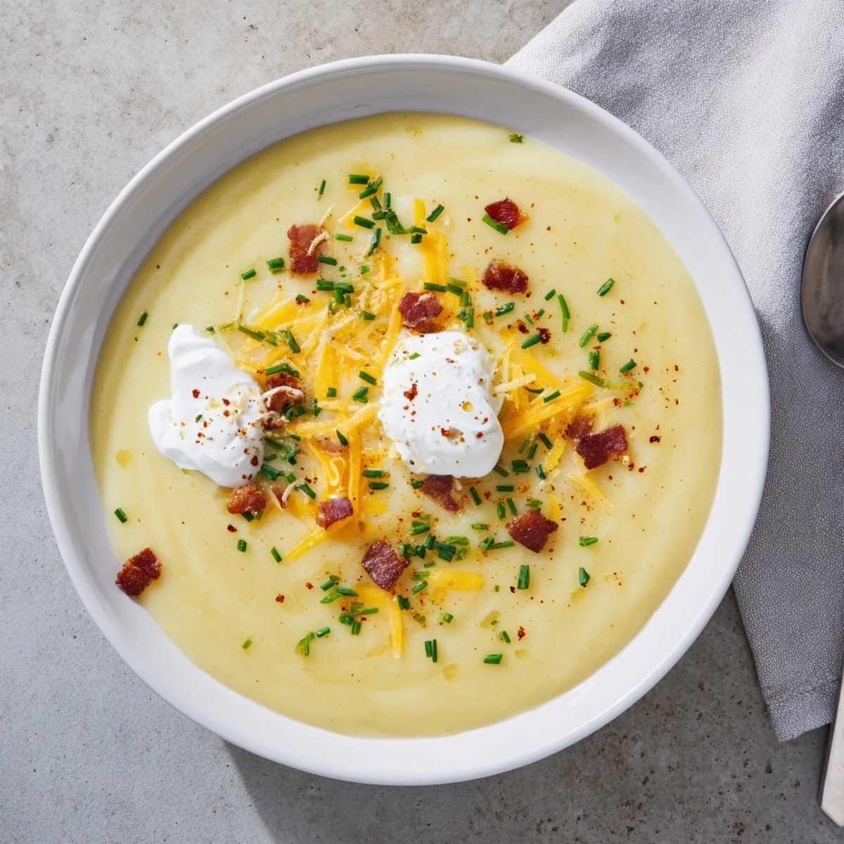 Steaming bowl of The Ultimate Baked Potato Soup, rich with creamy base and smoky bacon bits.