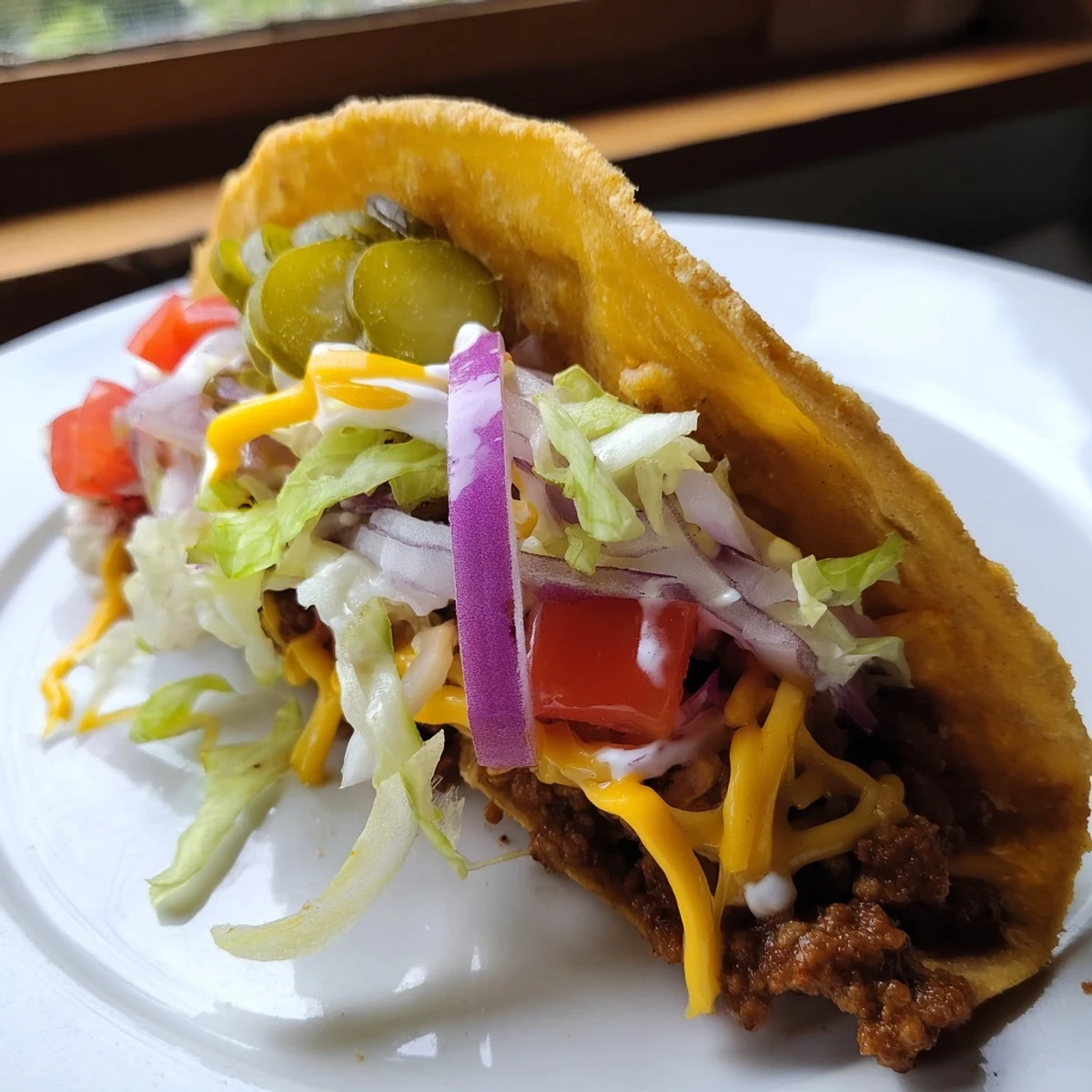Up-close view of a plate with assembled Viral Cheeseburger Tacos; a delicious, family-friendly American meal.