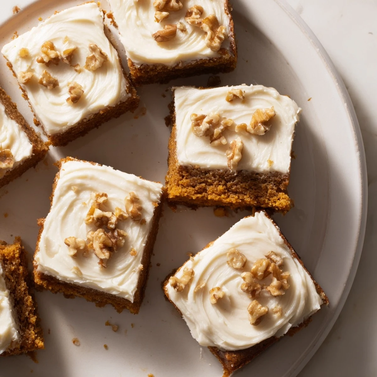 Deliciously spiced pumpkin bars with a creamy brown sugar frosting, ready to serve with friends.