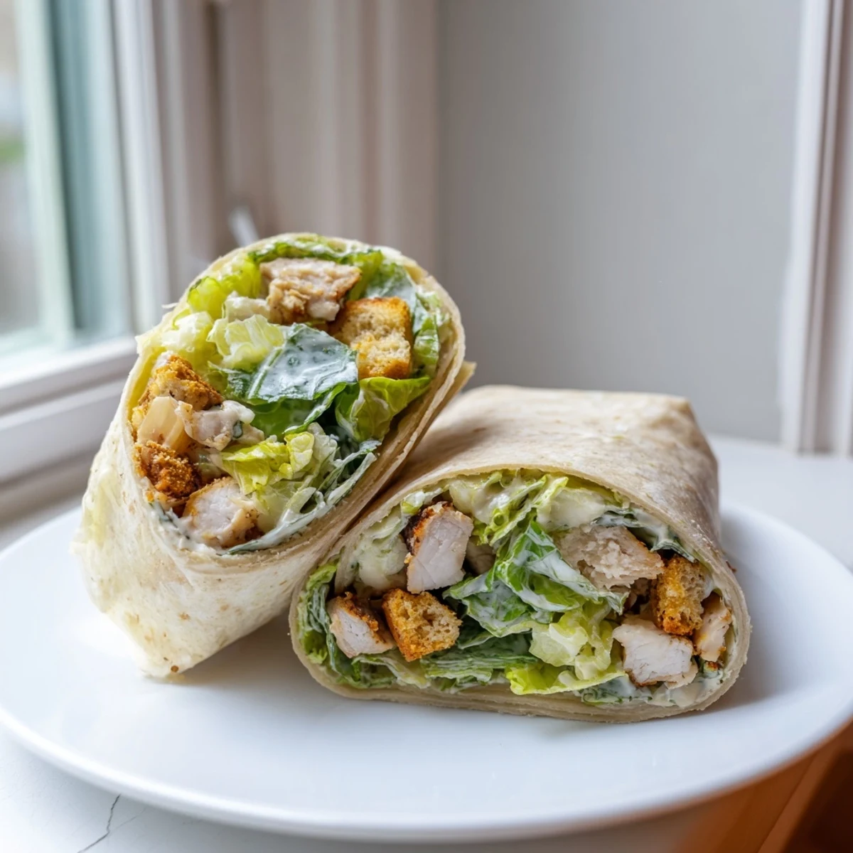 Freshly assembled Chicken Caesar Wraps, bursting with creamy dressing, perfect for a quick, flavorful meal.