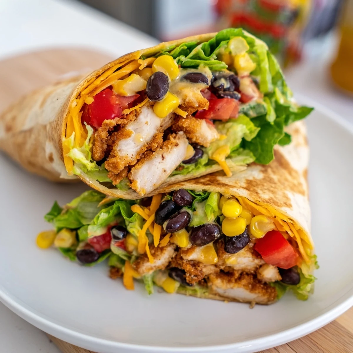A juicy Southwest Chicken Wrap, showing the filling's layers of crisp chicken and colorful veggies.