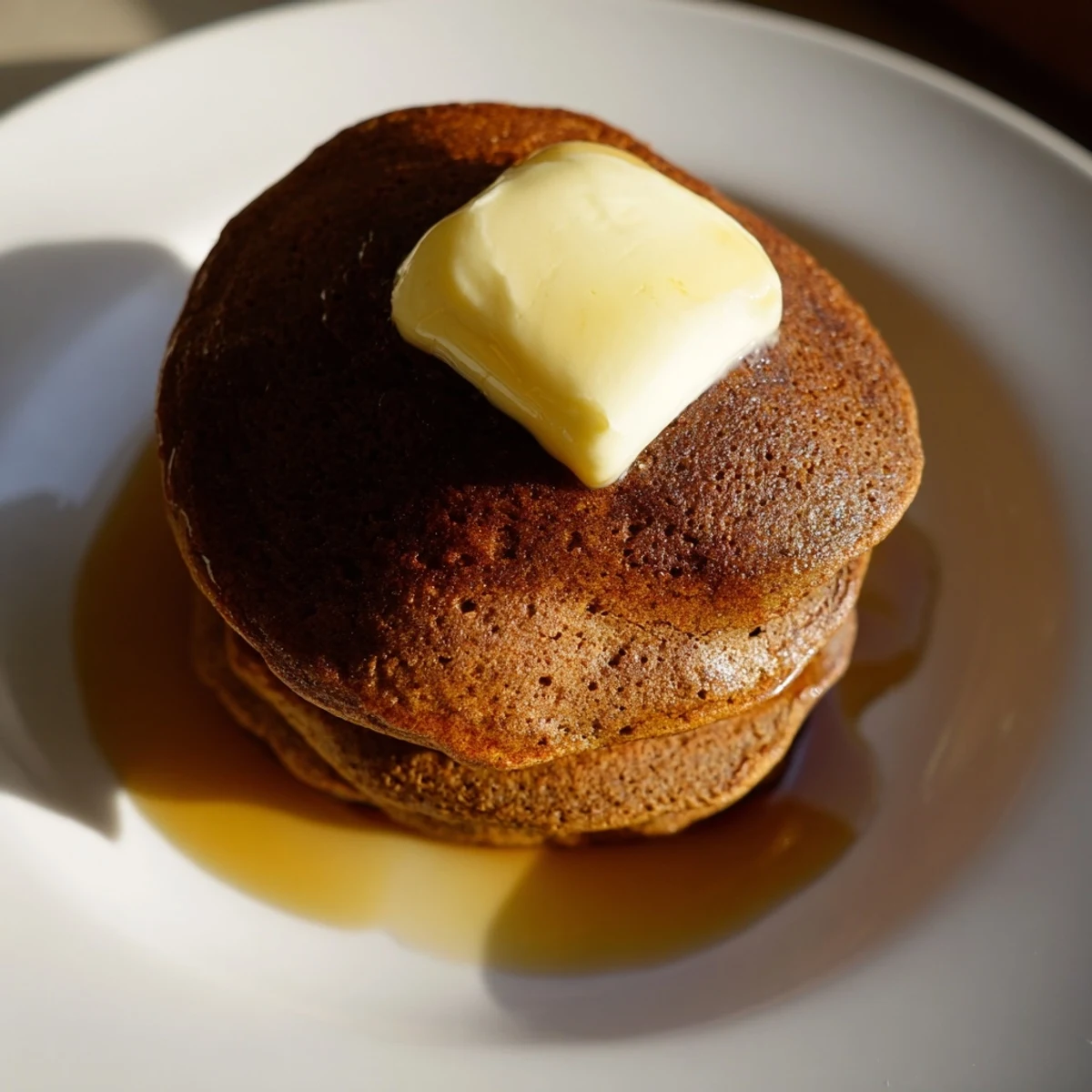 Fluffy gingerbread pancakes, golden brown and drizzled with syrup, make a delicious breakfast.