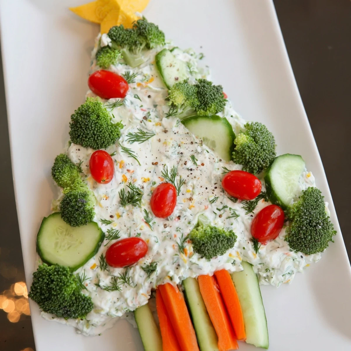 Festive Simplified Christmas Tree Dip arranged with colorful vegetables and crunchy crackers, perfect for sharing.